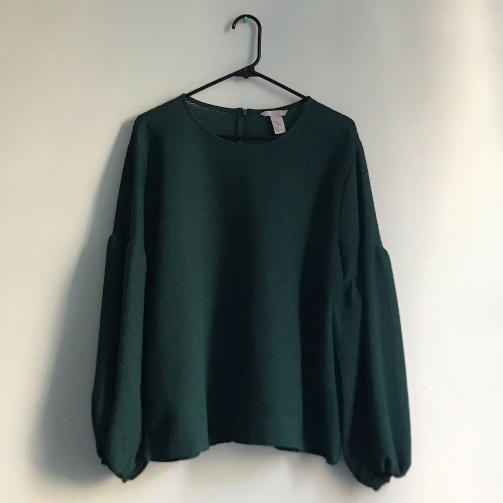 H&M Dark Teal Ribbed Sheer Long Sleeve Blouse